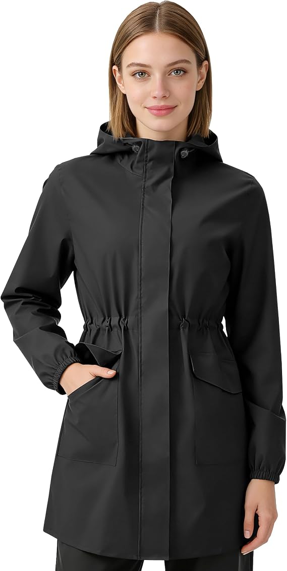Women's Long Rain Jacket Waterproof Lightweight Hooded Trench Coat | Raincoat, Windproof, Packable, Windbreaker, Drawstring Waist, 2 Outside Zippered Pockets, Travel, Hiking, Daily Wear