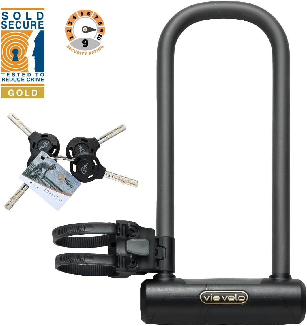 Via Velo Bike U Lock Longer | U Lock 20CrMnTi Steel Anti-Theft Lock with Bracket and Sold Secure Gold Approval for Road, Mountain, Electric, Folding Bikes and Electric Scooters