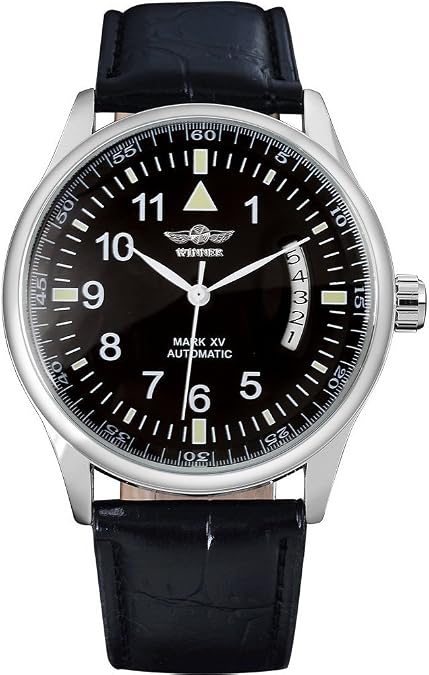 MASTOP Men's Automatic Self Winding Watch Date Black Leather Watch