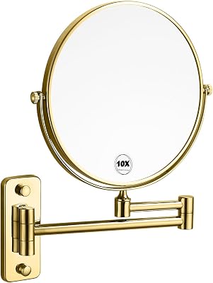 Gold 1x10x Double Sided Magnifying Bathroom Makeup Mirror 360 Degree Swivel Mirror Adjustable Telescopic Arm Wall Mount 8 Inch Non-Illuminated Beauty Mirror Shaving MirrorSquare Base
