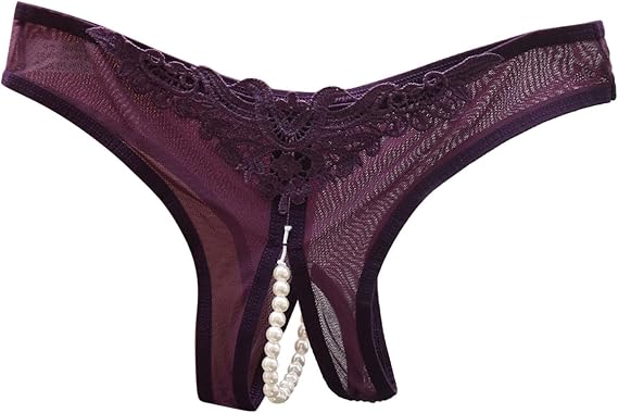 Women Sexy Underwear Lace Open Cut Pearl Massage Hollow Low Waist Triangle G String Pants Butt Panties plus Size Purple