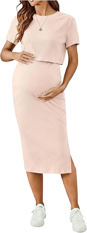 SHENHE Women's Maternity Ribbed 2 Piece Outfits Short Sleeve Crop Top Bodycon Slit Midi Skirt Set