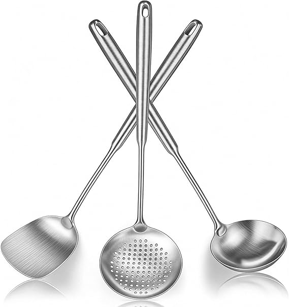 Berglander Wok Spatula Set, Stainless Steel Kitchen Cooking Utensils - 17" Wok Tools: Spatula, Ladle, Skimmer