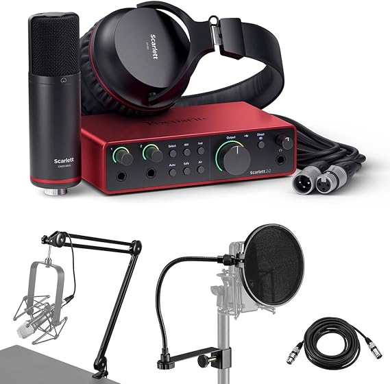 Focusrite Scarlett 2i2 4th Gen USB Interface w/Mic, Headphones, S/W Suite, Bundle With H&A Pop Filter, Broadcast Arm With 10' XLR Cable