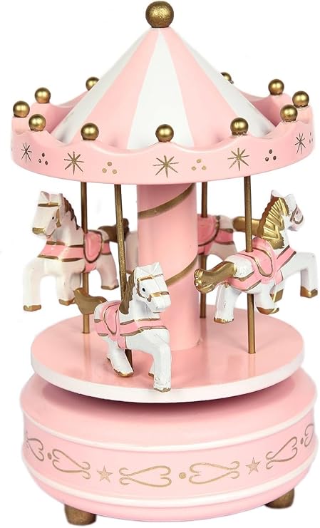 Schoolsupplies New Pink Wooden Merry Go Round Carousel Classic Music Box Kids Girls Gift Toy