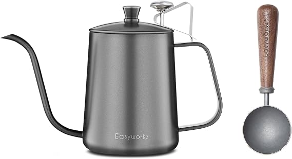 Easyworkz Gage Gooseneck Pour Over Coffee Kettle 20 oz with Thermometer Stainless Steel Hand Drip Coffee Pot, Bundled with Retro Stainless Steel Coffee Spoon With Black Walnut Handle,10g (Vintage)
