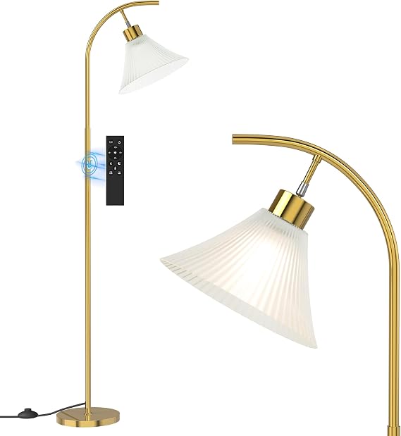 SIBRILLE Gold Floor Lamp with Remote, Dimmable Glass Arc Standing Lamp, Ribbed Frosted Glass Shade, 3 Color Temperatures, Foot Switch, 9W LED Bulb for Living Room Bedroom Office