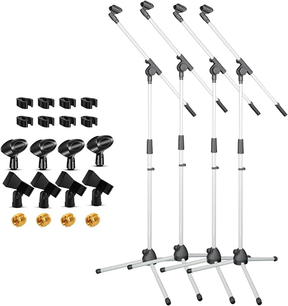 5 Core Microphone Stand Floor 4Pcs Tripod Boom Arm Mic Stand Height Adjustable with Mic Clips 3/8" - 5/8" Adapter for Singing Podcast Stage White - MS 080 WH 4PC