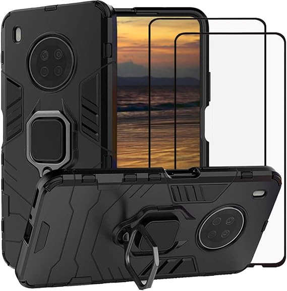 for Huawei Y9A Case, 2 in 1 Hybrid Heavy Duty Armor Shockproof Defender Kickstand Dual Layer Bumper Hard Back Case Cover Tempered Glass Screen Protector [2 Pack],Black