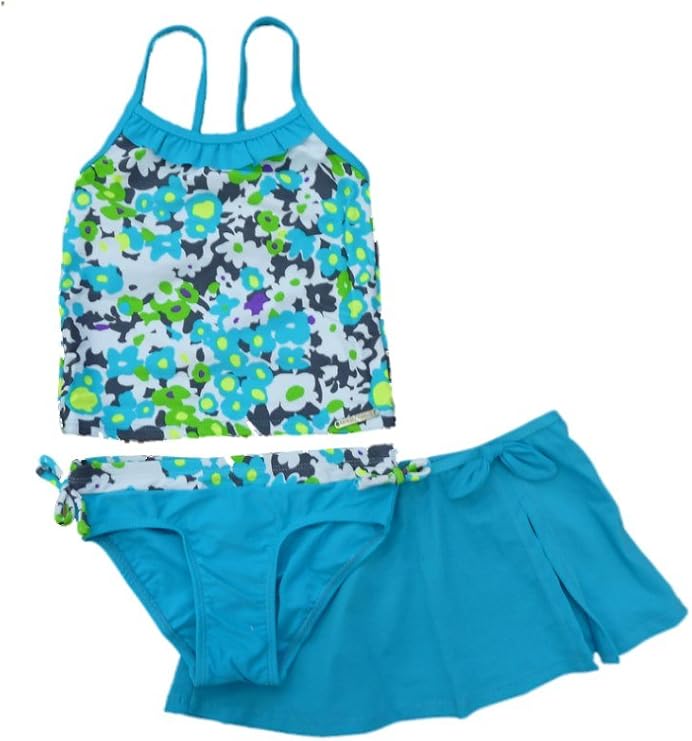 ZeroXposur Girls Aqua Floral Tankini Swimming Swim Suit with Skirt Wrap 3 PC