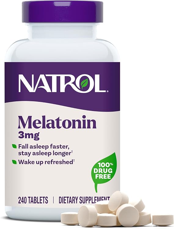 Natrol Melatonin 3 mg Tablets, Nighttime Sleep Aids for Adults, 240 Tablets | 100% Drug-Free, Non-Habit Forming, For Occasional Sleeplessness, Supports Circadian Rhythm