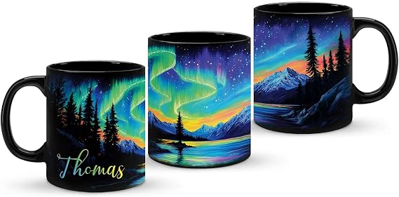 Beautiful Custom Aurora Borealis Coffee Mug, Personalized Name Northern Lights Landscape Cup, Full Wrap Mug, Black Cup, Gift For Men, Customized Night Sky Ceramic Mug 11oz 15oz, 1PCS