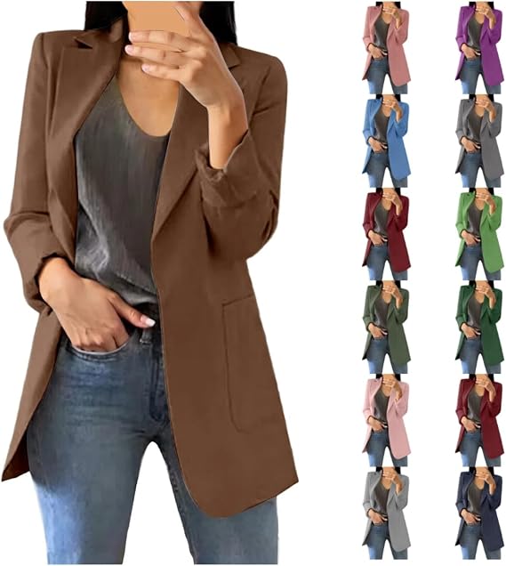 Brown Blazer for Woman Open Front Long Sleeve Lapel Collar Work Office Jacket with Pocket Cardigans Slim Suit Coat