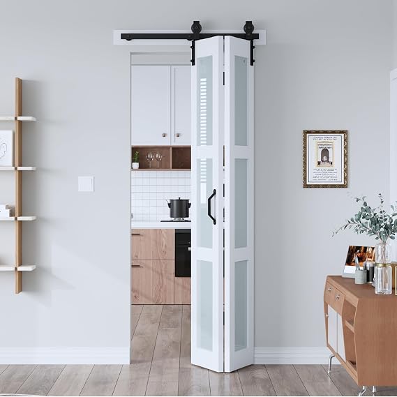 EaseLife 30"x 84" (Double 15" x 84") Bifold Barn Door, Bifold Sliding Barn Door with Hardware Kit, Solid MDF Wood Slab Covered with Water-Proof PVC Surface, Frosted Glass Panel, Assembly Required