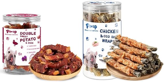 PAWUP Duck & Sweet Potato Dog Treats, Chicken Wrapped Cod Skins, Healthy Chews Snack, High in Protein