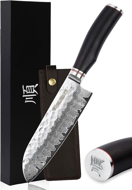 YOUSUNLONG Santoku Knife 7 Inch Pro Chef Knife Japanese Hammered Damascus Steel - Razor Sharp - Natural LeadWood Handle with Leather Sheath