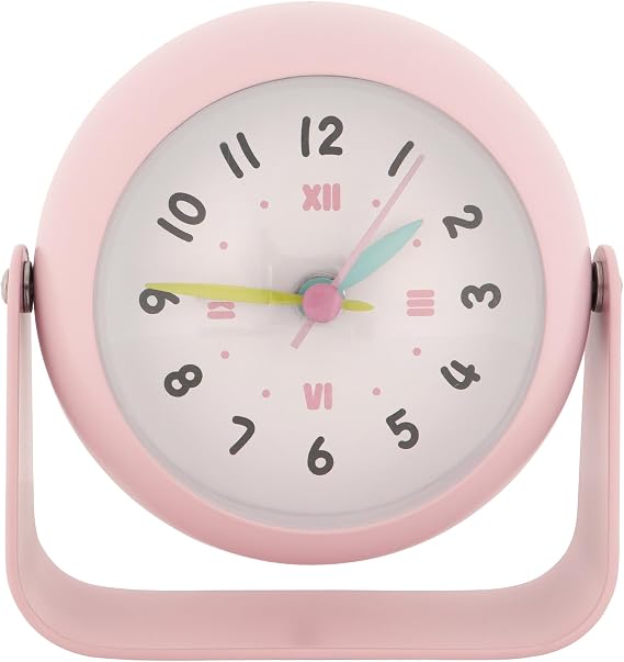 Minimalist Metal Analog Alarm Clock with Night Light and Silent Operation,Muted Pink