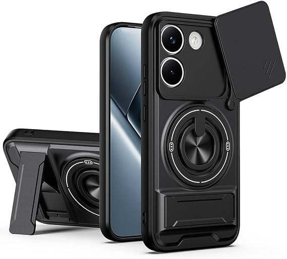スライドカメラカバー スマホケース Xiaomi Poco X8 Pro用 リングホルダー&キックスタンド付き 磁気カーマウント対応 耐衝撃保護カバー ブラック