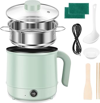 Hot Pot Electric with Steamer, 1.7 L Ramen Cooker, Rapid Noodles Cooker, Non-Stick Noodle Cooker for Raman, Dual Power Mini Portable Multi-Functional Lazy Pot with Over-Heating Protection (B)
