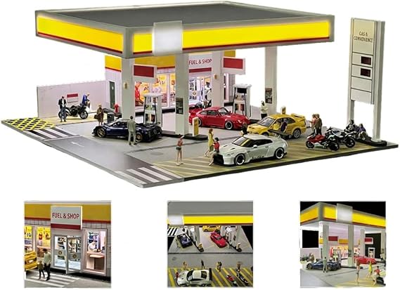 1/64 Scale Gas Station Scene Model, DIY Building Diorama Model Station Building Sets with LED Lights, Creative (Cars & Figures not Included)