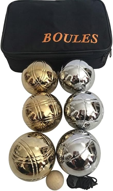 BuyBocceBalls Listing -73mm Metal Set for Petanque, Boules and Bocce - with 6 Gold and Silver Balls, Black Bag, Wood pallino and Measuring Device