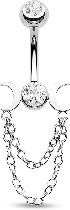 CM Crareesi Mania Moon Phase Belly Button Rings Double Chain Belly Rings 316L Stainless Steel Belly Button Piercing Jewelry 14Gauge Belly Ring for Women