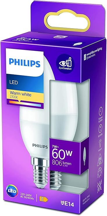 Philips LED 60W B38 E14 Candle Type Yellow Light Dimmable Bulb Single Package