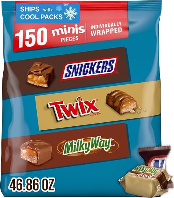 SNICKERS, TWIX, MILKY WAY Minis Chocolate Candy Bars Variety Pack, 150 Ct Bulk Bag