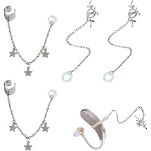 4 Pack Hearing Aids Clips Star and Leaf Decorative Silver Tone Jewelry for Daily Wear Premium Loss Avoidance Lanyard with Ear Cuffs Practical Present for Adults and Seniors in Social Events