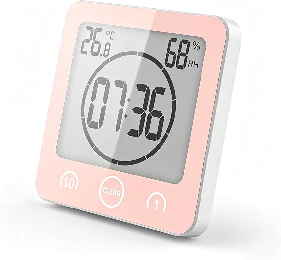 Digital Shower Clock, Waterproof Bathroom Clock with Temperature&Humidity, Wall Clock with Suction Cup, Touch Screen, Timer, Large LCD Display, for Indoor Bath Countertop (Pink)