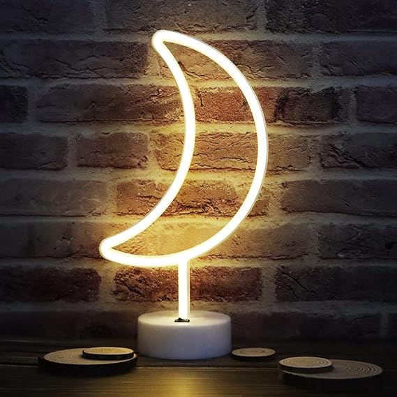 LED Moon Neon Signs, Crescent Night Lights Ramadan Decor USB Battery Operated Moon Lamp for Birthday Party, Wedding, Halloween, Christmas Decorations-Holder Base(Warm White)