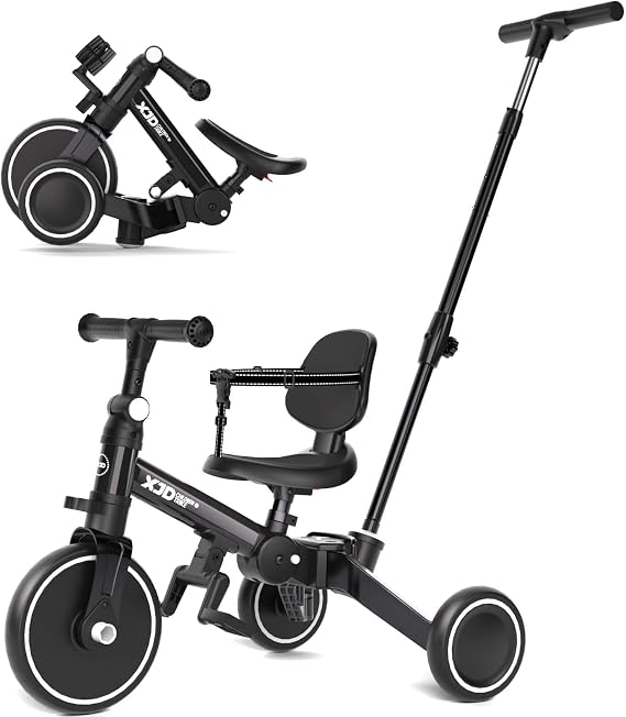 XJD Toddler Bike, 6 in 1 Folding Toddler Tricycle for 1-4 Year Old with Parental Control Handle, Balance Bike with Removable Pedal, Backrest, Adjustable Seat Height, First Birthday Gifts (Black)