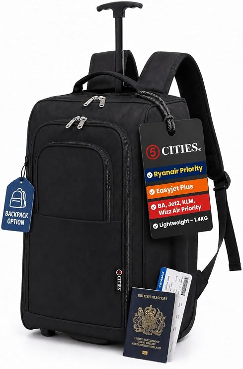 5 Cities 55cm Backpack Trolley Cabin Bag with Wheels, Hand Luggage