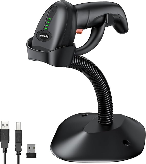 Bluetooth Wireless Barcode Scanner with Stand,Alacrity 3-in-1(Bluetooth & 2.4GHz Wireless & USB Wired) Bar Code Reader,1800mA*H Rechargeable Battery,Automatic Scanning,328Ft Range,16MB Storage Space