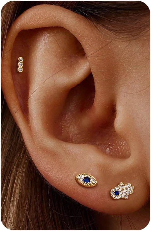 KRFY Flat Back Stud Earrings for Women - S925 Sterling Silver Post Cartilage Helix Piercing Jewelry 14K Gold Plated Silver