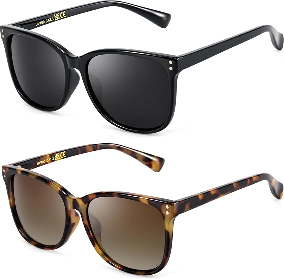 Myiaur 2 Pack Polarised Sunglasses for Women UV400 Protection | Anti Glare Lens, Lightweight Square Stylish, Sun Glasses for Driving