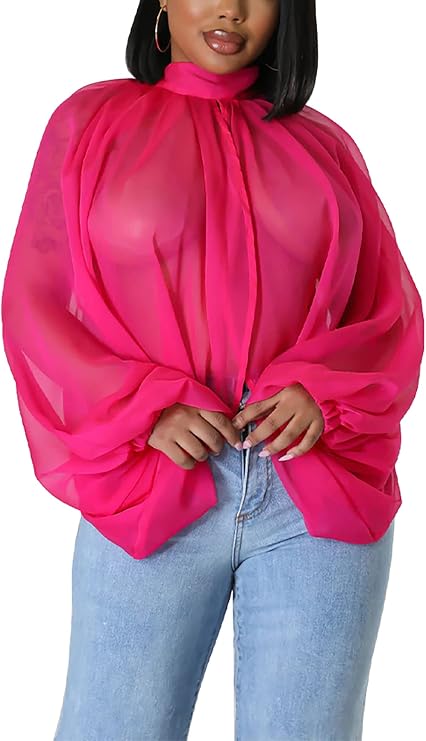 Ecirod Chiffon Tops for Women Trendy Floral Print Blouse Batwing Long Sleeve Sexy T-Shirt