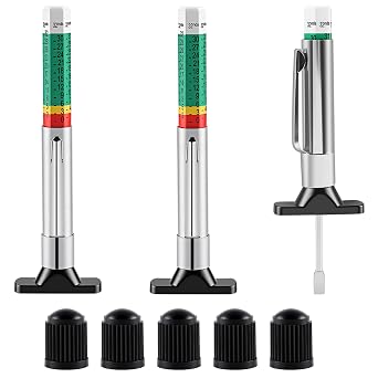 3-Pcs Tire Tread Depth Gauge in 1/32 Inch, Color Coded Tire Depth Gauge with Pocket Clip, Tread Depth Accurate Measurement Tools for Car, Trucks, SUV, Motorcycle, Bike (with 5Pcs Tire Valve Stem Caps)