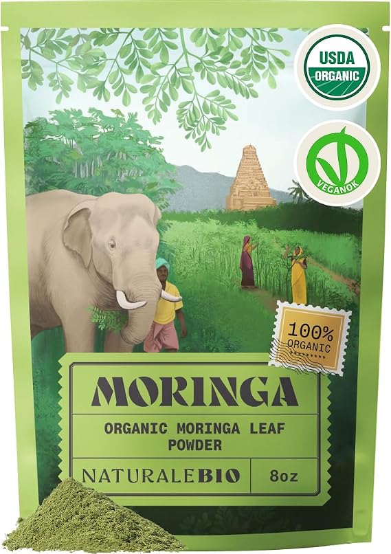 NaturaleBio Moringa Organic Powder Premium Quality 8 oz. Bio, Natural, and Pure. Moringa Powder Organic from Oleifera Plant for Tiredness, Immune System, Muscle Function, Fatigue