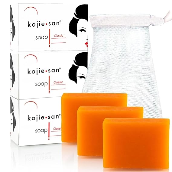 Kojie San Skin Brightening Soap The Original Kojic Acid, Dark Spot Remover Bar Soap with Coconut & Tea Tree Oil 100g x 3 Bars with Net