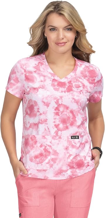 KOI Basics Leslie Women's 2-Pocket Stretch Print Top Dreamscape Pink L