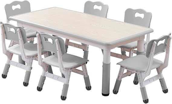 Kids Table and Chairs Set, Height Adjustable Desk With 6 Seats for Ages 3-12,Arts & Crafts Table,Graffiti Desktop, Non-Slip Legs, Max 300lbs, Children Multi-Activity Table for Classrooms,Daycares,Home