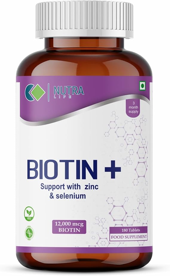 Nutra Life Biotin with Zinc & Selenium Tablets - 12000 mcg - 180 Tablets - Hair Growth Vitamins for Thicker Hair er Beard - Faster Nail Growth - Healthy Skin - for Men & Women