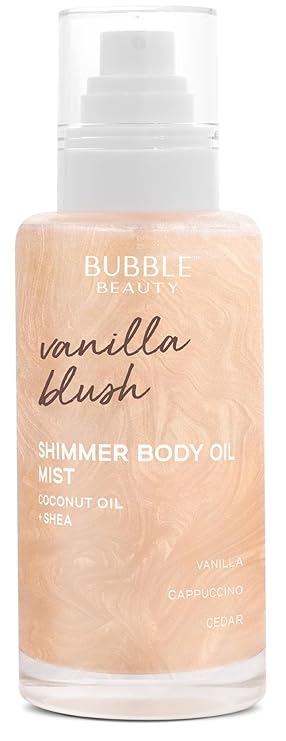 Shimmer Body Oil Mist Vanilla Blush | Hydrating Glow Mist with Coconut Oil & Shea | Subtle Shimmer & Soft Vanilla Scent, 6 Fl Oz