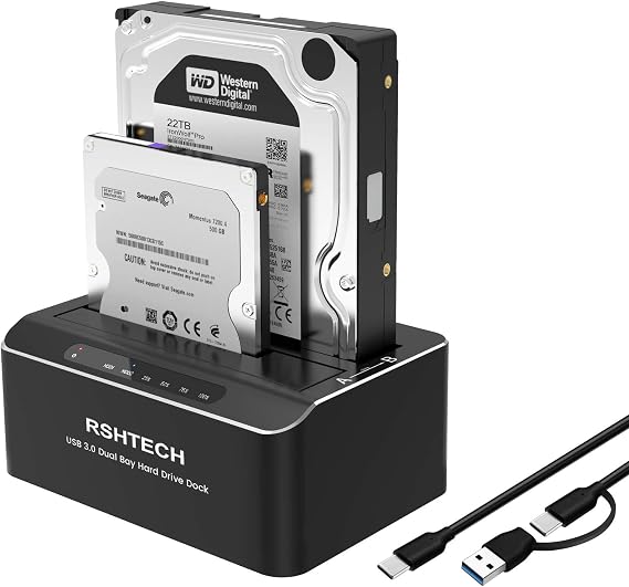 RSHTECH USB-C/USB 3.0 to SATA Dual Bay Hard Drive Docking Station Aluminum | External Hard Drive Dock Reader for 2.5/3.5 inch HDD SSD, with USB-C/A Cable, Support Offline Clone, UASP, 2x22TB, RSH-DS01C