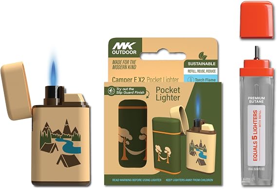 MK Lighter Outdoor Series 2PC Lighters with 1PC Premium Butane Set, Wind Resistant Flame,for BBQ, Camping, Candle, Refillable Lighter (Camper-E-2PC+Butane-G)