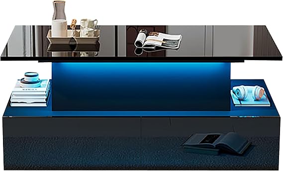 LED Lift Top Coffee Table with Storage Drawers and Hidden Compartment,Smart Bluetooth APP RGB Light Control,Glossy Surface with Hydraulic Lift Stand,Sliding Rails,Multifunctional Tabletop (Black)