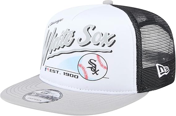 New Era MLB Retro Script 9FIFTY A-Frame Trucker Snapback Hat (US, Alpha, One Size, White, Chicago White Sox)