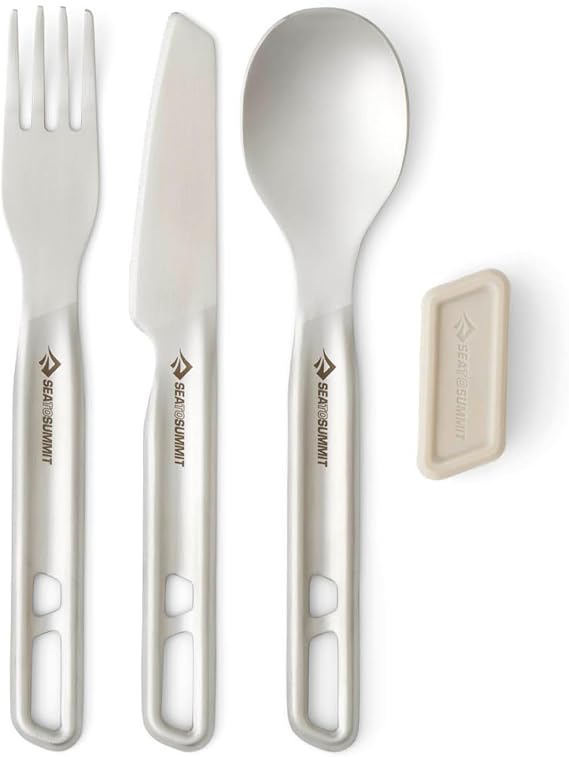 Sea to Summit Detour Stainless Steel Camp Cutlery Set, 1-Person (Knife, Fork, Spoon w/Silicone Keeper) | Durable stainless steel camp cutlery nests together with a magnetic silicone keeper for compact, reliable outdoor dining