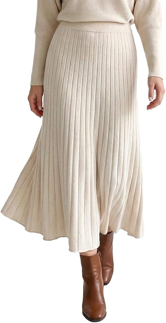 CHICWISH Women Ribbed Knit Flared Maxi Skirt Fashion Trendy Elastic Waist Soft Casual Cocktail Party Flowy Long Skirt